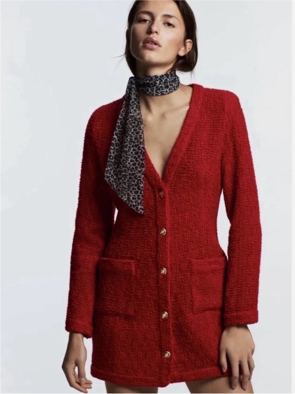 ZARA Bright Red Bouclé Mini Dress with Gold Buttons